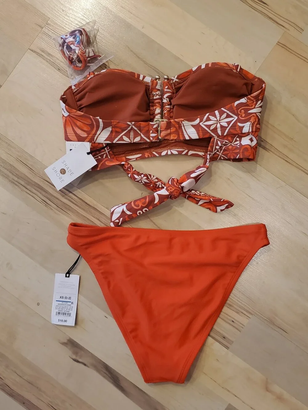 NWT Shade & Sore Orange Printed Bandeau Bikini Top with Solid Orange Bottom